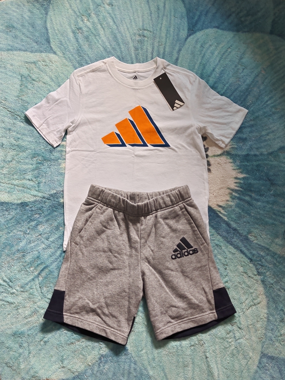 adidas Kids White Tee with Orange & Blue Logo and Gray Athletic Shorts